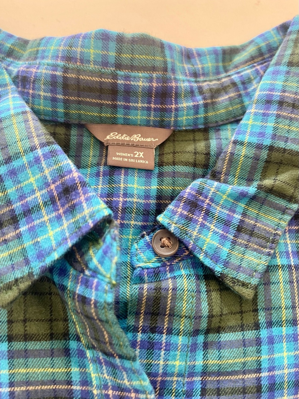 Eddie Bauer Basil Green and Blue Plaid Flannel Button-Down Shirt Women’s Size 2X